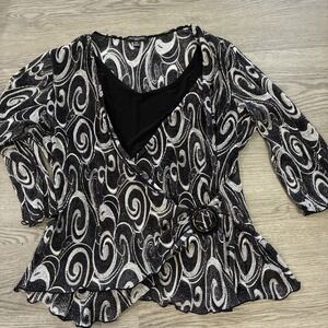 Notations Womens Black & White Swirls Wrap Blouse Top 3/4 Sleeve | Sz Petite XL